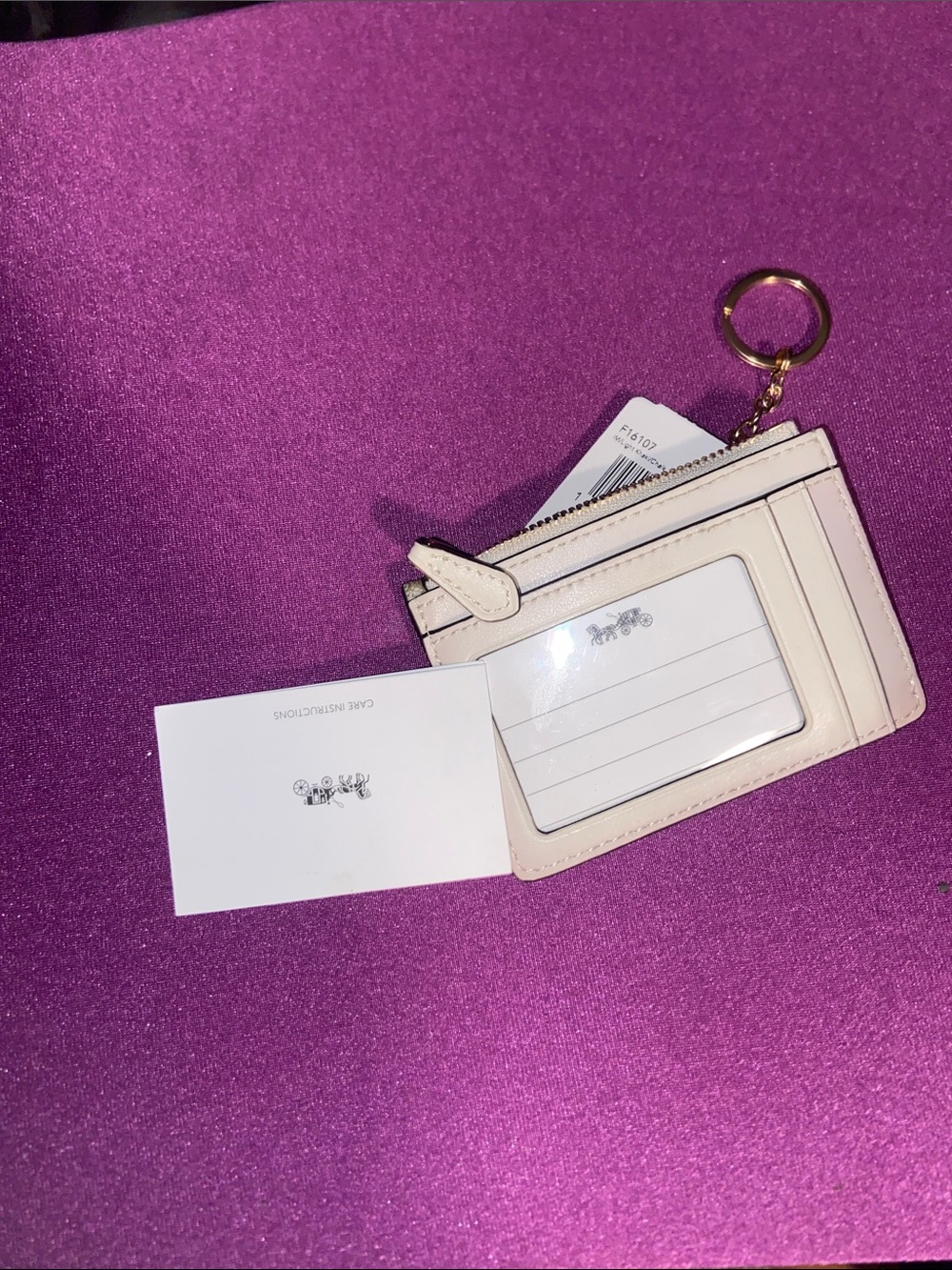 Coach Cream Leather Card Case with Gold Keyring